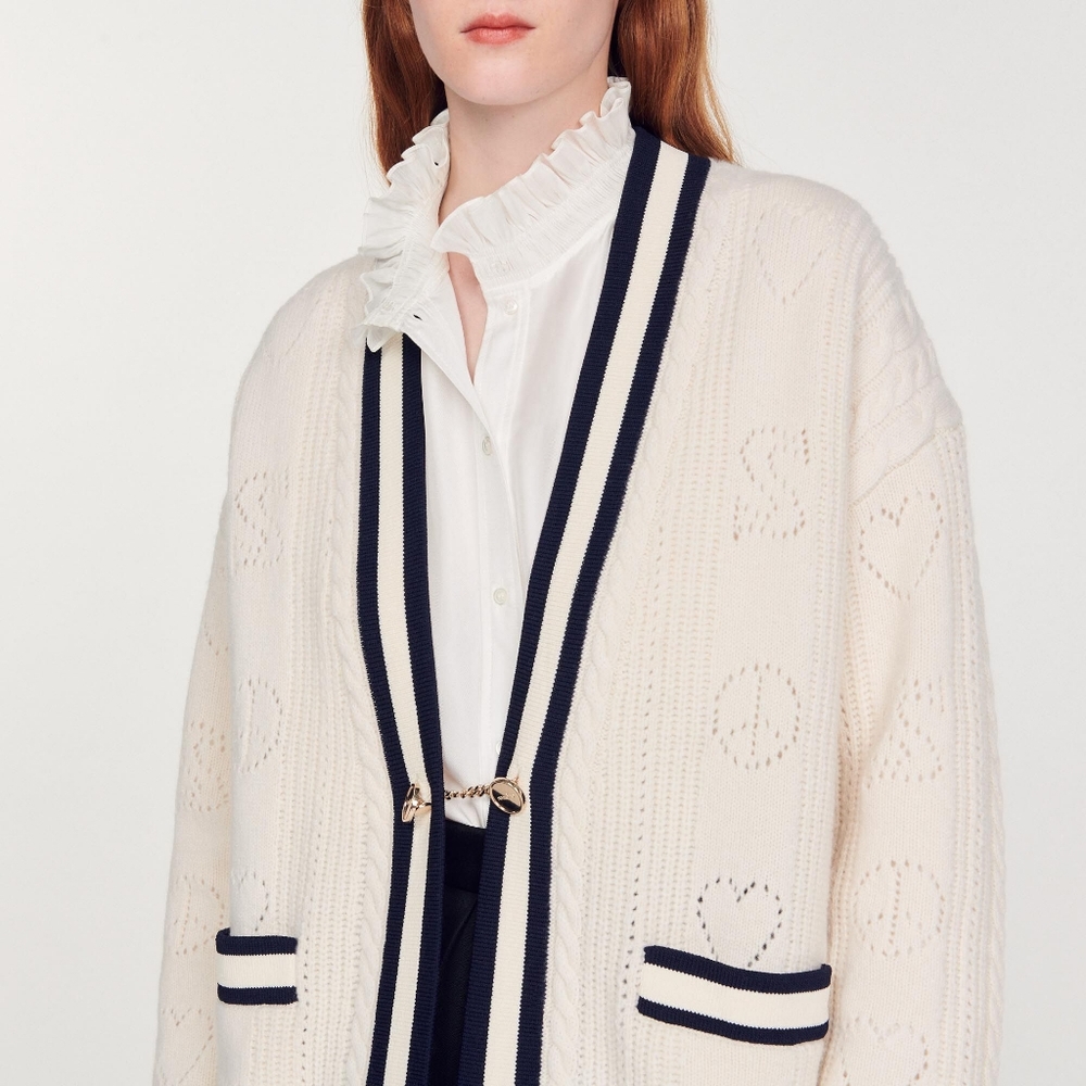 Sandro Paris  Espreance Ecru pointelle cream wool cardigan logo chain 0 XS